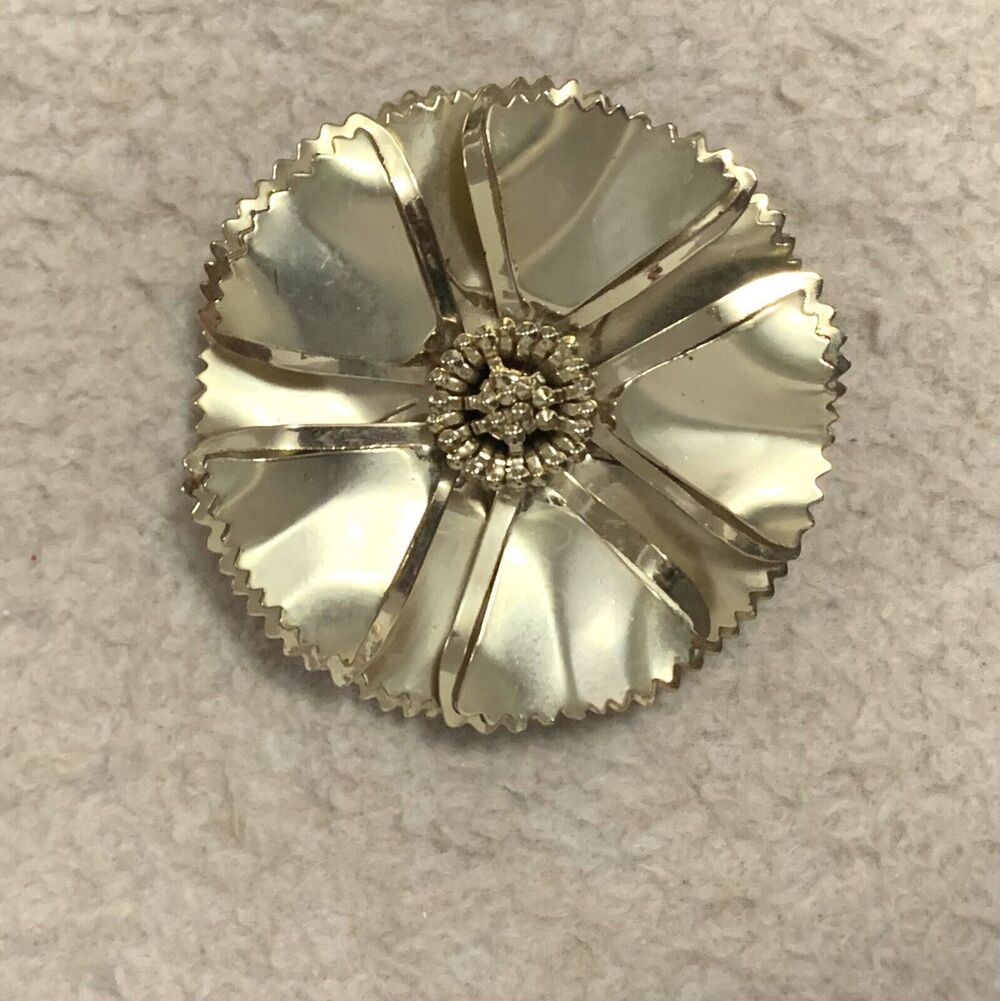 Vintage Retro Gold Tone Flower Statement Brooch Sleek Saw Tooth LARGE Pin